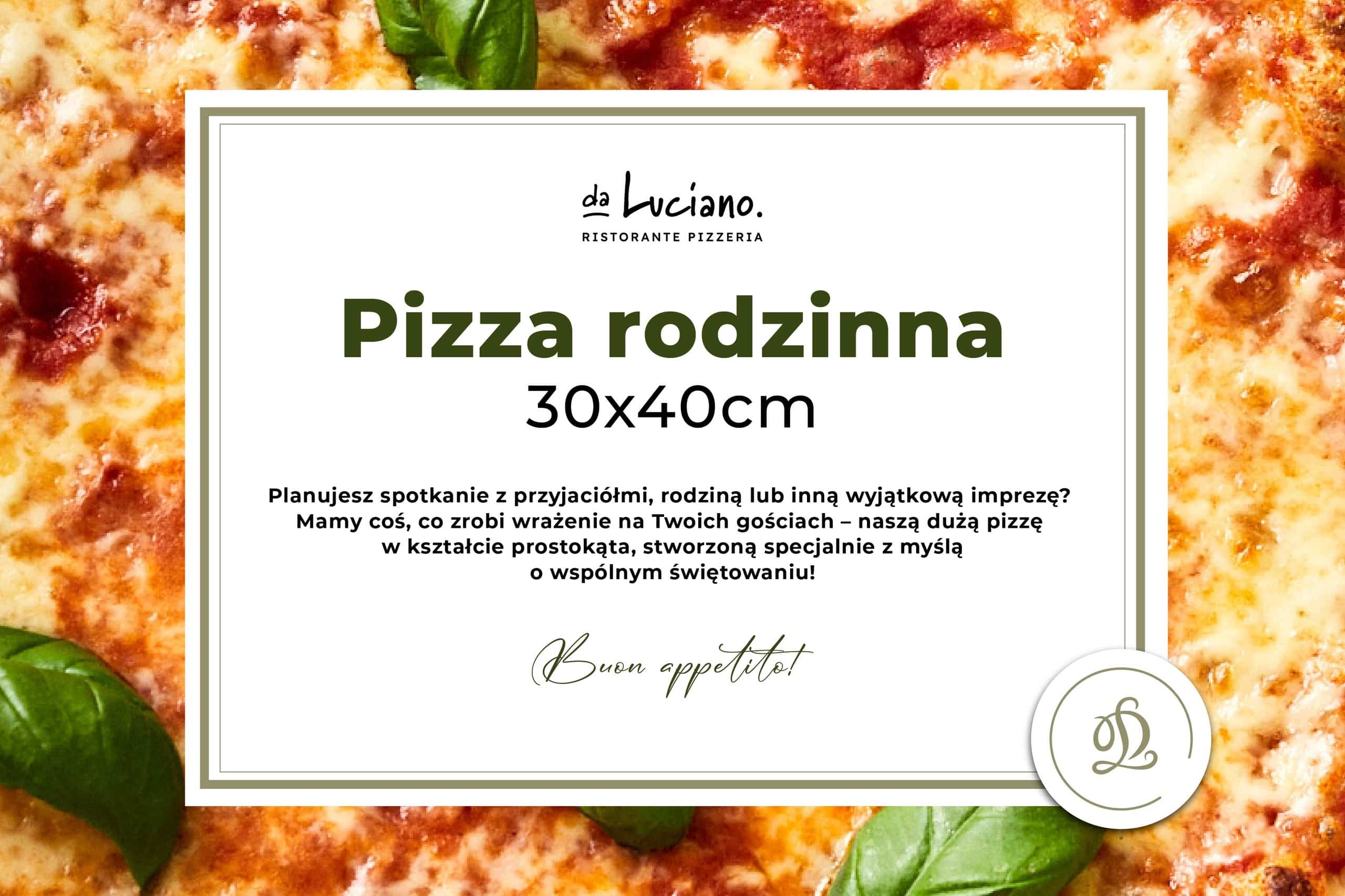 Pizza in teglia w tle a na górze banner z napisem